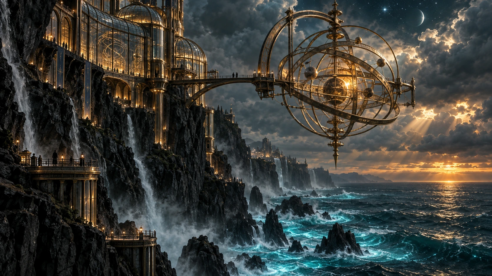 Observatório de vidro e metal num penhasco e esfera armilar sobre o mar, gerados no ChatGPT